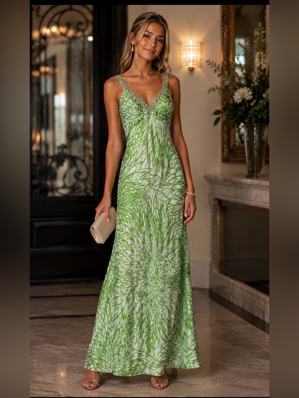 Morgan & Co. Green Floral Print V-Neck Evening Dress/ Gown